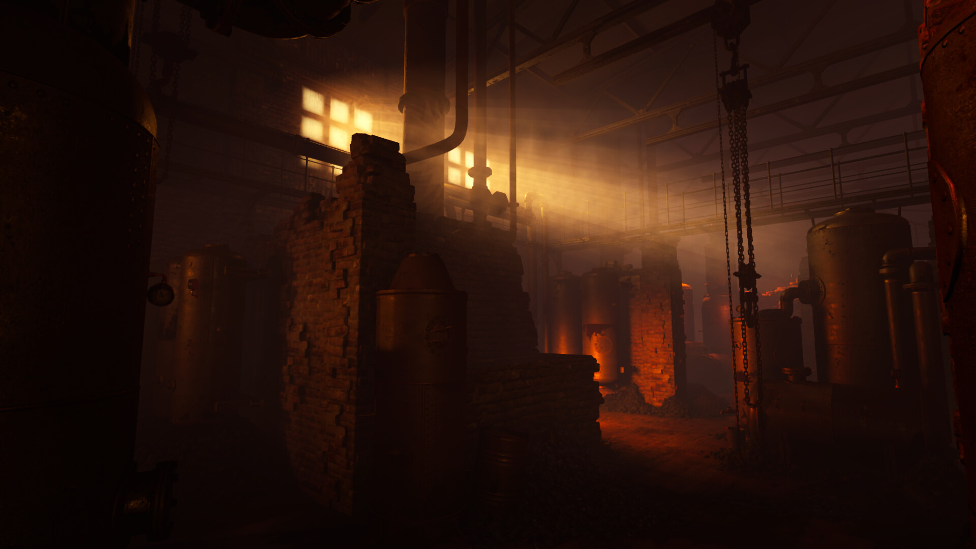Official promotional image. Steam screenshot 6 of 8: an industrial hall with tanks, brickwork, and orange light through haze.